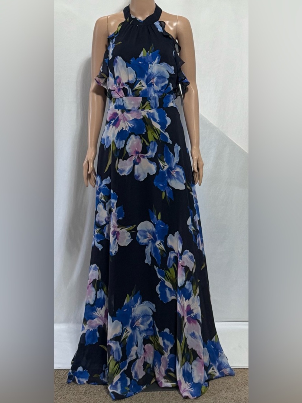 Eliza J Floral Chiffon Halter Maxi Dress Ruffle Neck Navy Multi Size 4 - Picture 2 of 13